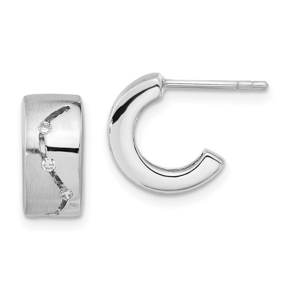 Sterling Silver Brushed & Polished CZ Post C-Hoop Earrings - Picture 1 of 4